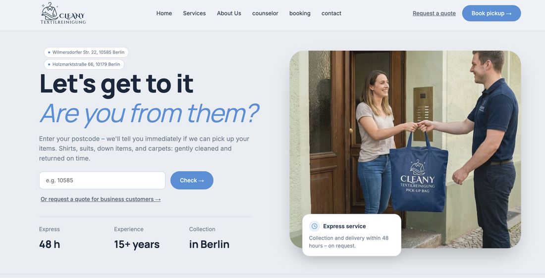 Cleany Buchungsseite — Startseite mit Postleitzahl-Check