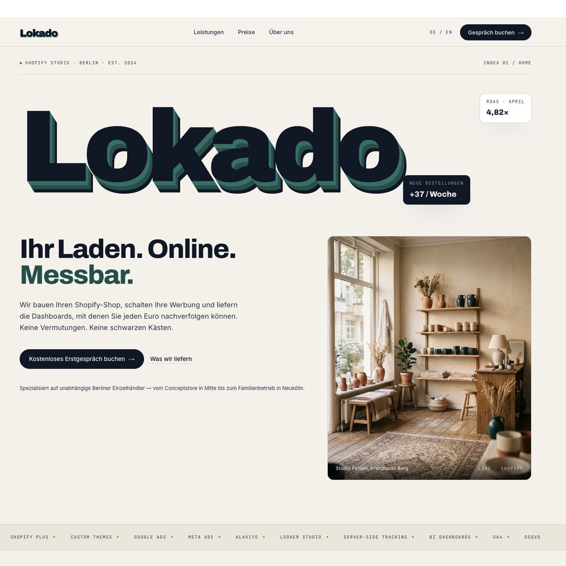 Konzept-Website — Hero-Bereich eines Shopify-Studios