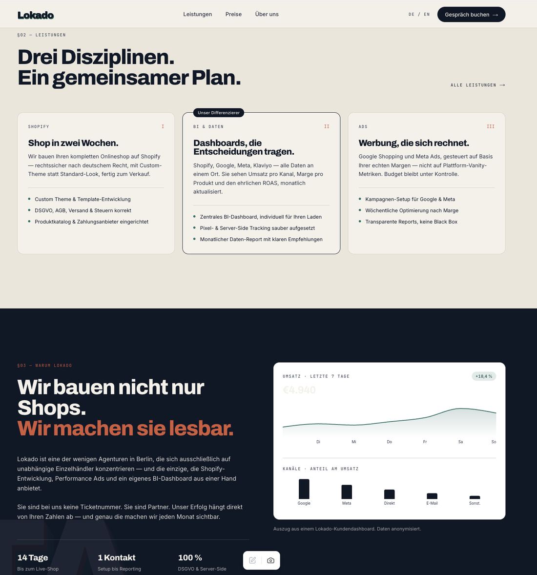 Konzept-Website — Leistungen und BI-Dashboard-Ausschnitt